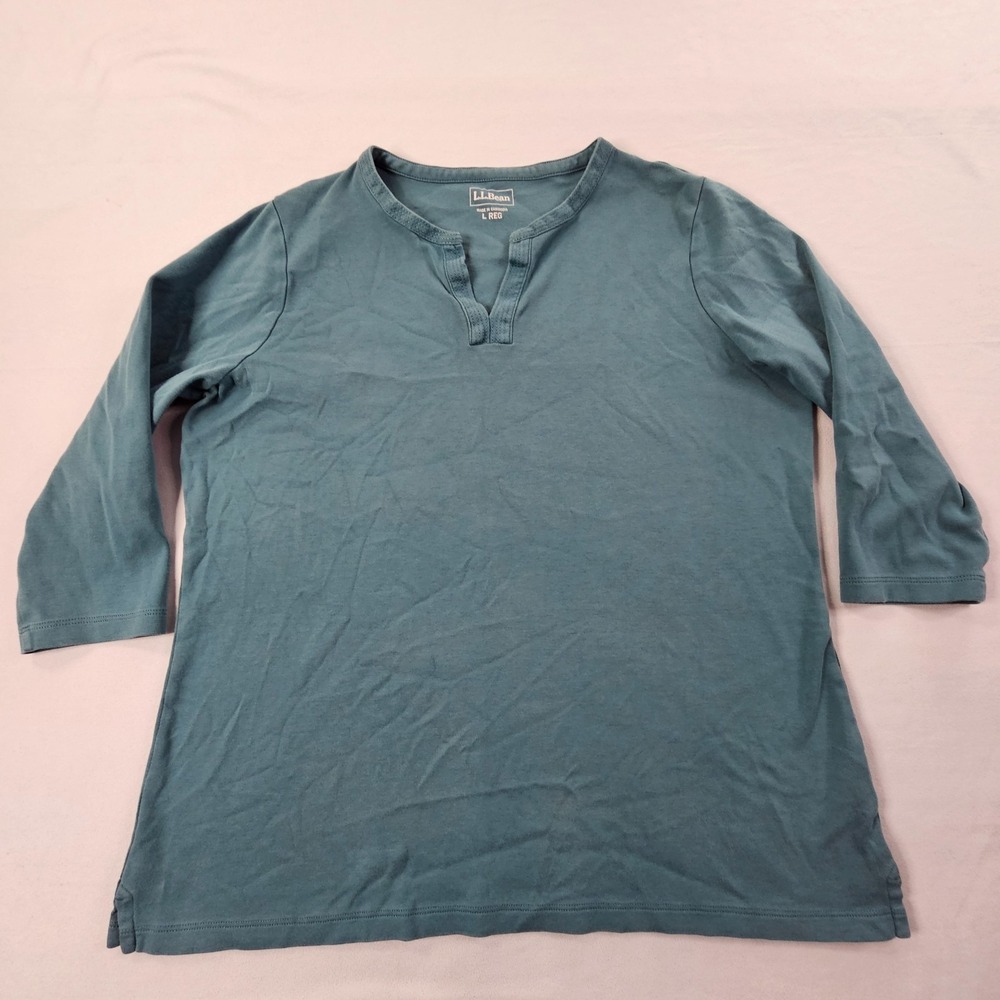 L.L. Bean Green 3/4 Sleeve Cotton V-Neck T-Shirt Women's L